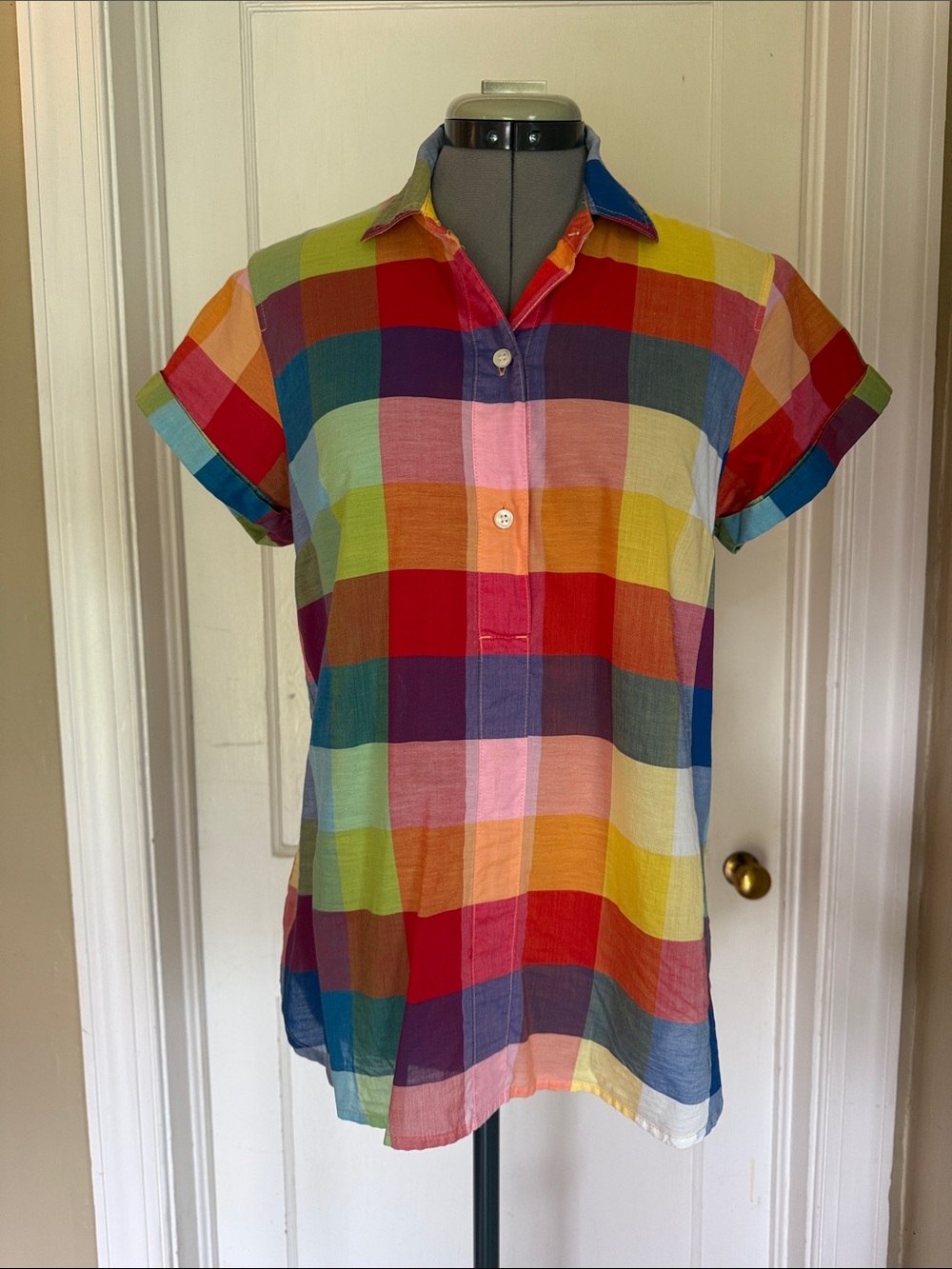 Multicolor plaid short sleeve J.Crew pullover blouse